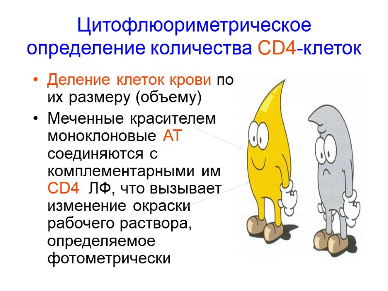 Цитофлюориметрическое  определение количества CD4-клеток Деление клеток крови по их размеру (объему) Меченные красителем